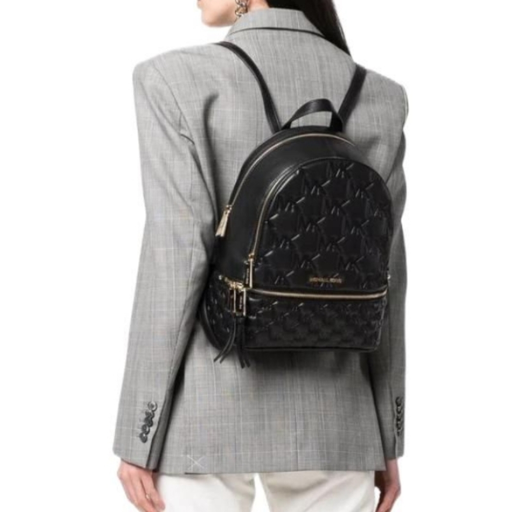 Michael Kors Rhea Logo Embossed Medium Black Backpack - Picture 2 of 3